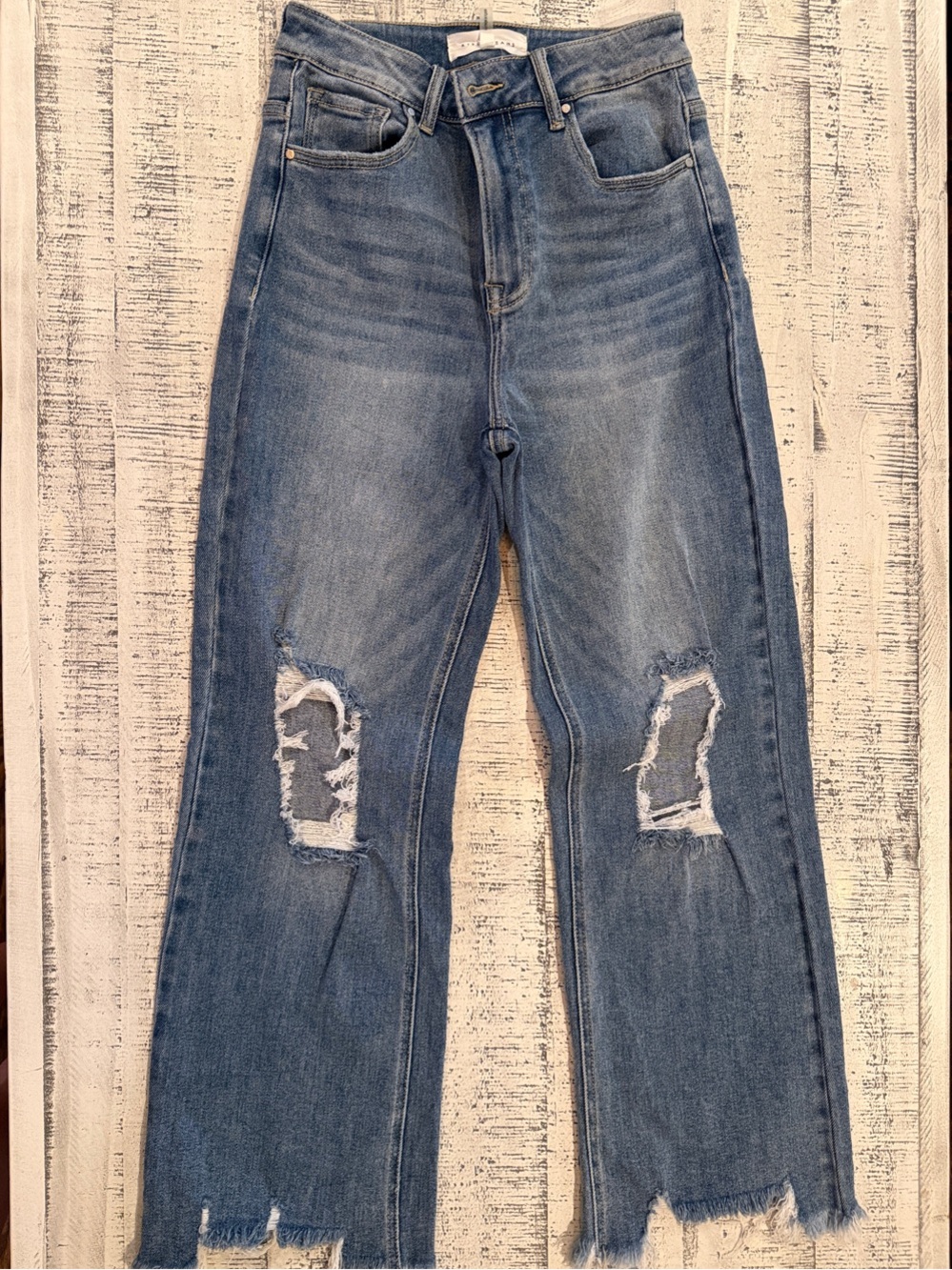 Risen High-Rise Straight-Leg Distressed Jeans in Medium Blue